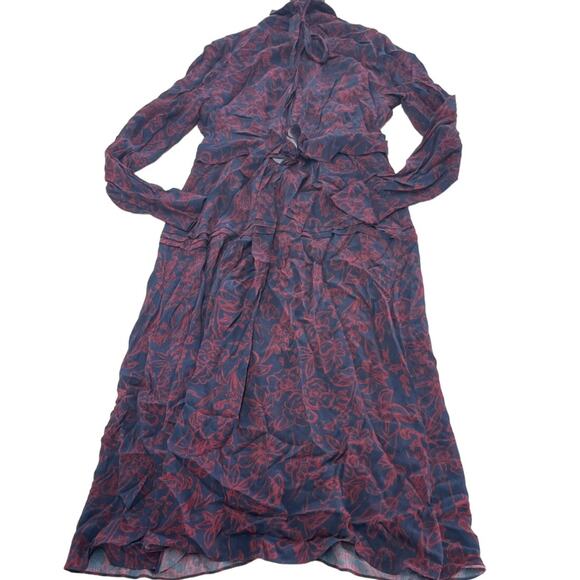 Jason Wu Dress Womens 6 Blue Red Floral Chiffon Shirt Collared Midi Tie Neck - Picture 6 of 12